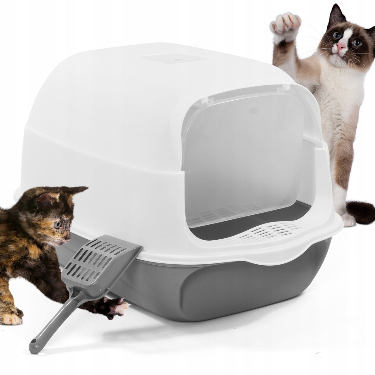 CLOSED CAT LITTER BOX WERDANO PETS WITH SPATULA 50X35X35CM GREY-WHITE
