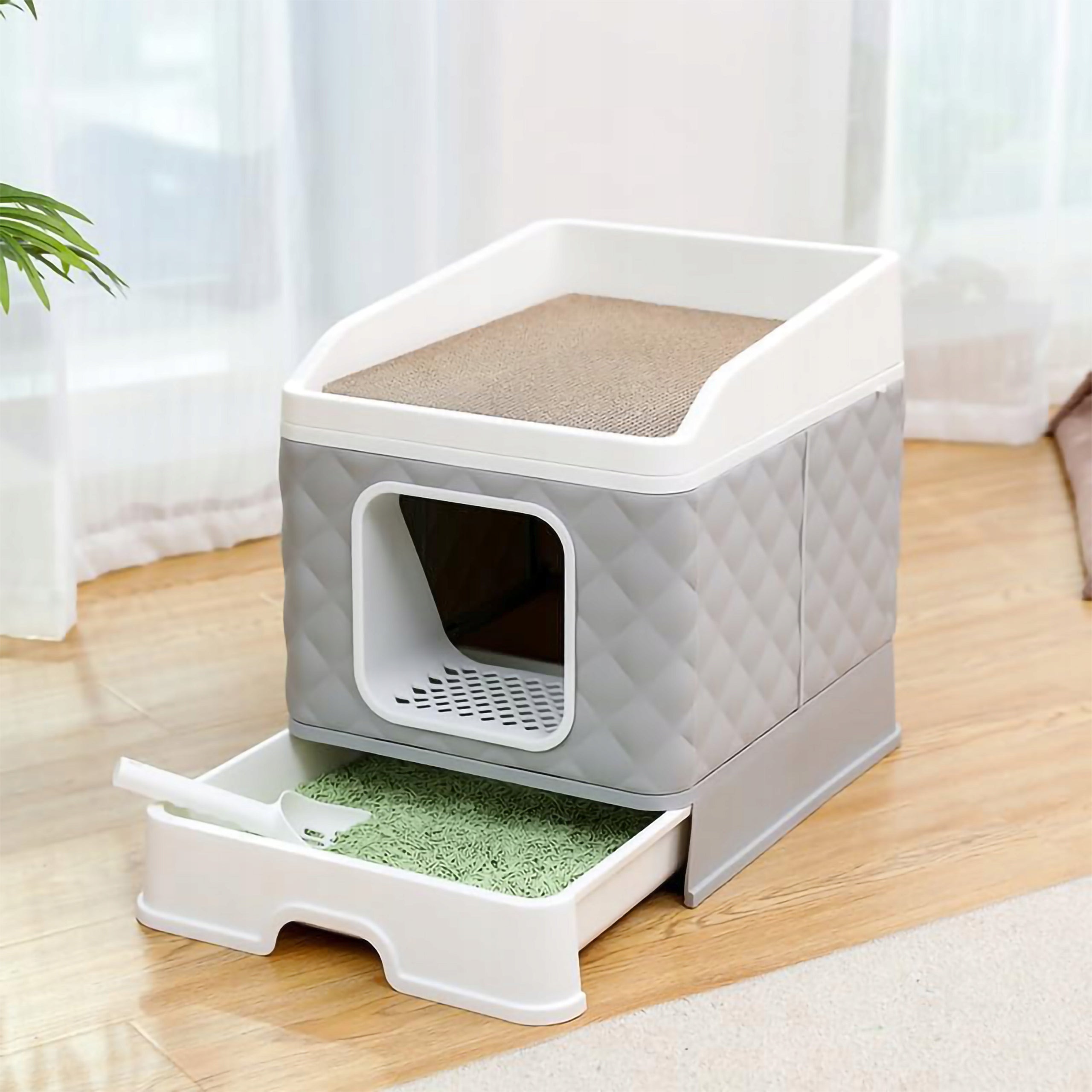 CLOSED CAT LITTER BOX WITH PULL-OUT DRAWER AND SPATULA Length 50.5 cm