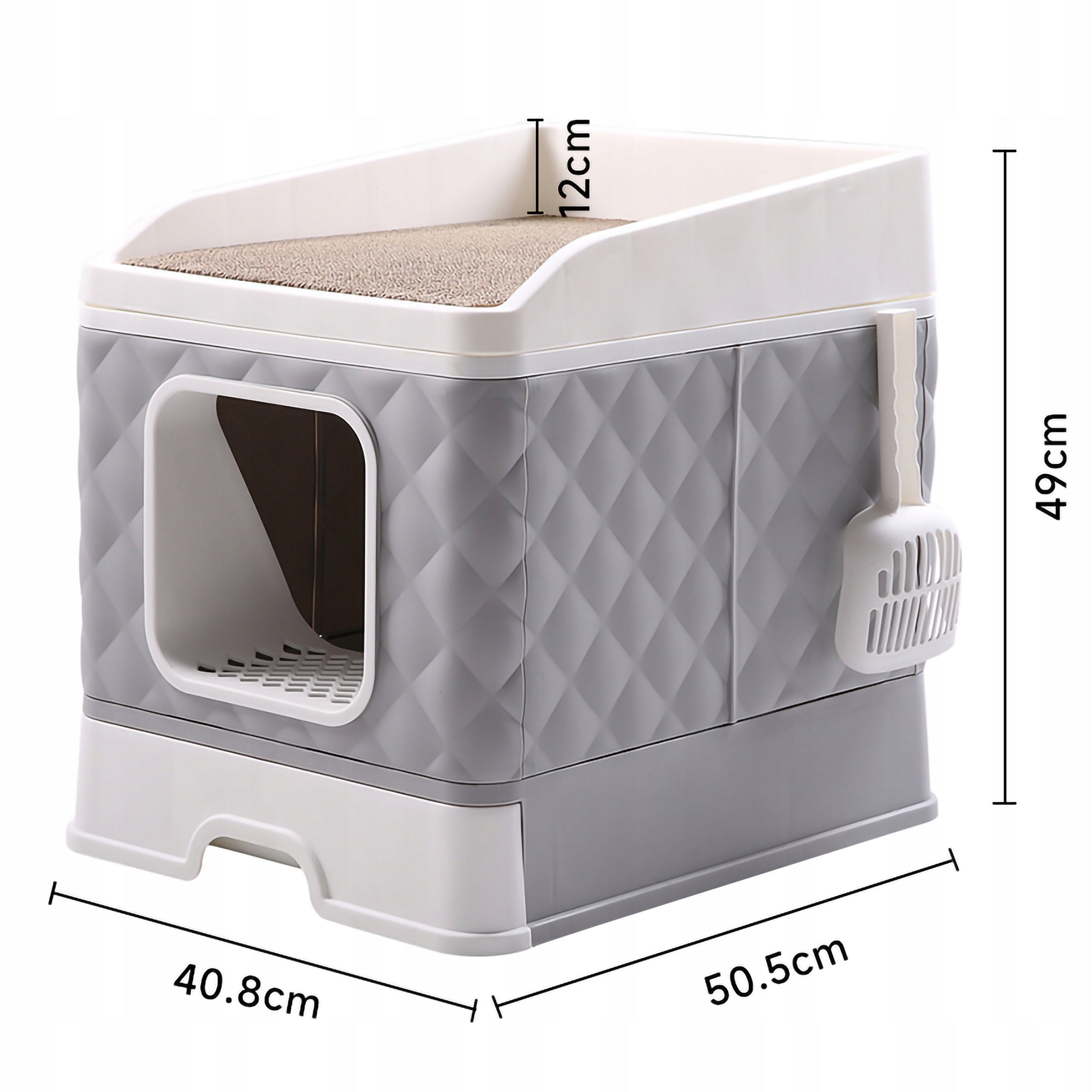 CLOSED CAT LITTER BOX WITH PULL-OUT DRAWER AND SPATULA Trade name Zamykana kuweta dla kota z drapakiem, szufladą i łopatką