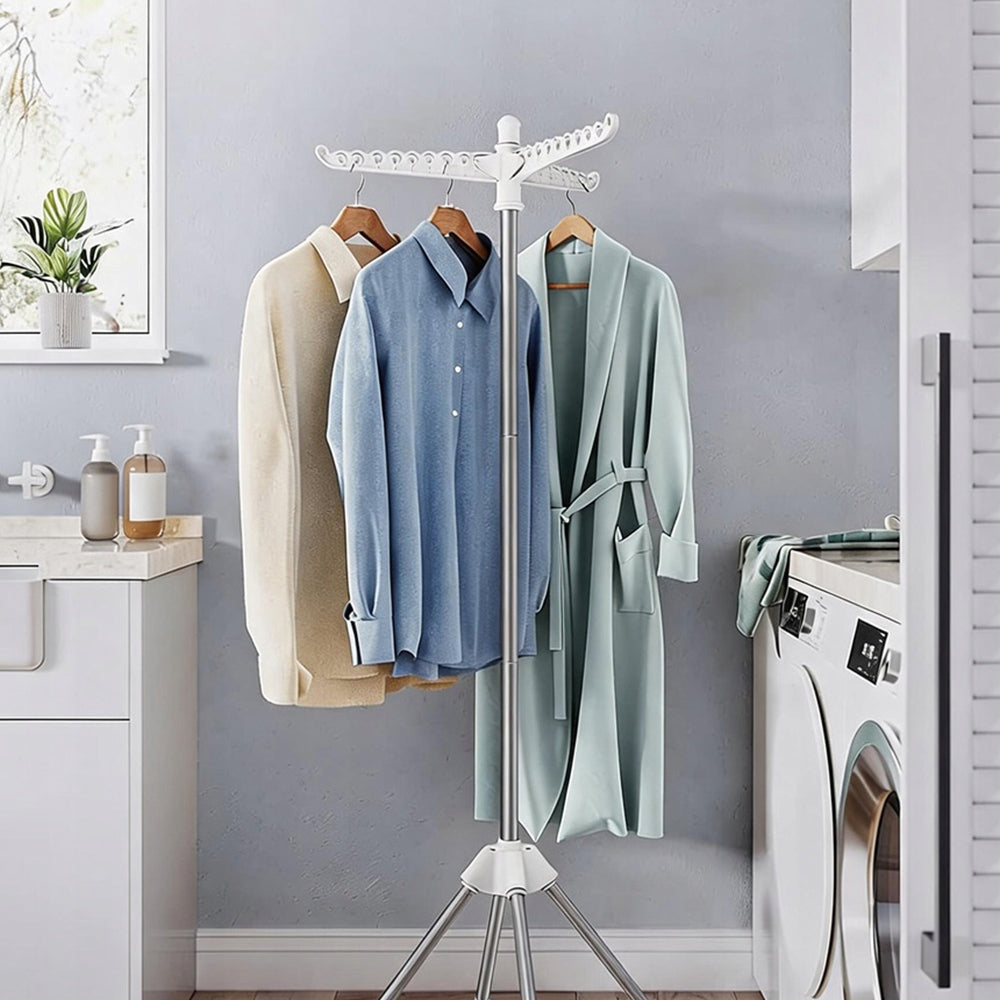 CLOTHES DRYING RACK 3 ARMS 27 HOOKS 360° ROTATING FOLDING WHITE Packaging status original