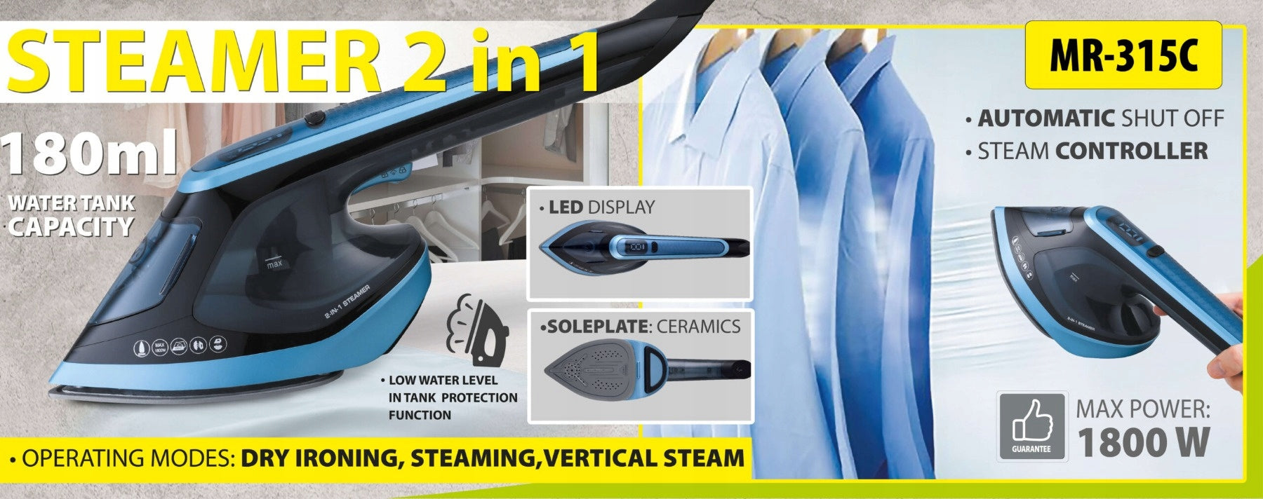 CLOTHES STEAMER MR-315C 1800W STEAMER MANUAL VERTICAL IRONING Type handheld