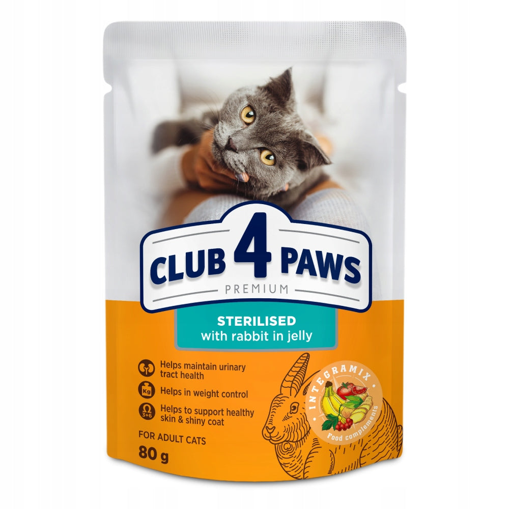 CLUB 4 PAWS Premium Sterilised Adult Cat Wet Food Rabbit in Jelly 24x80g Packaging status original