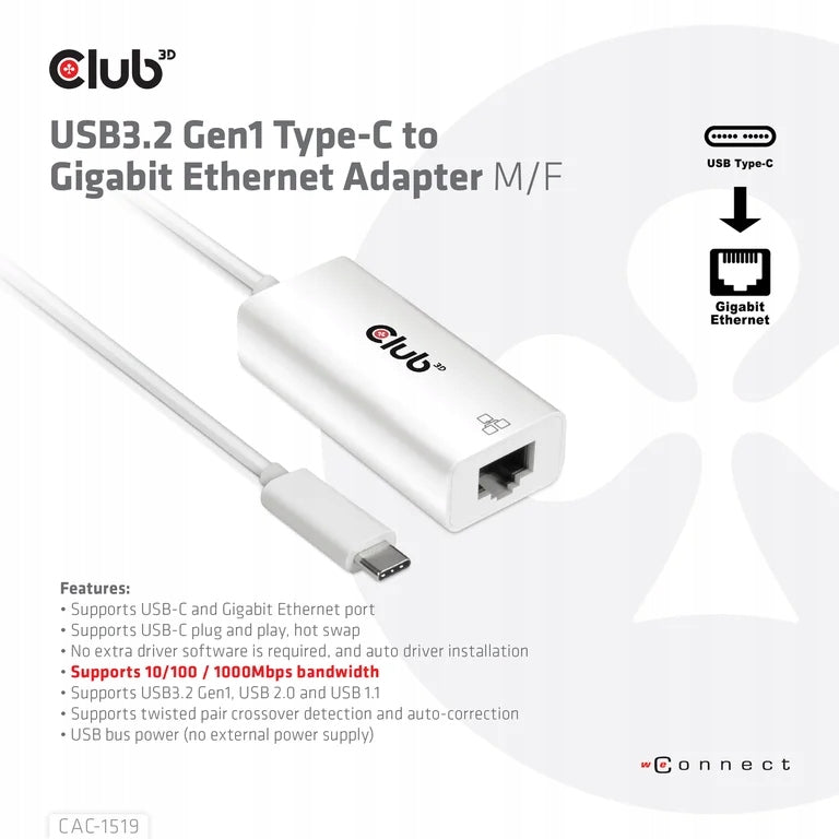 CLUB3D CAC-1519 USB-C RJ-45 Cable Adapter White Manufacturer code 8719214471811