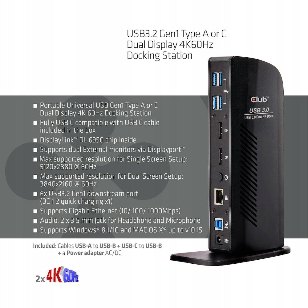 CLUB3D USB 3.0 Dual Display 4K60Hz Docking Station Manufacturer code CSV-1460
