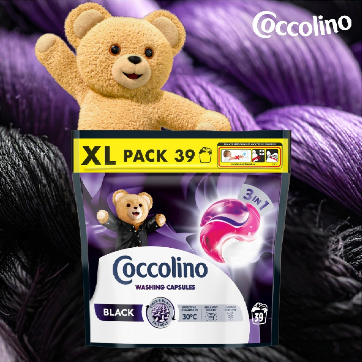 COCCOLINO BLACK 3IN1 CAPSULES FOR WASHING BLACK AND DARK FABRICS 39 WASHES Packaging status original