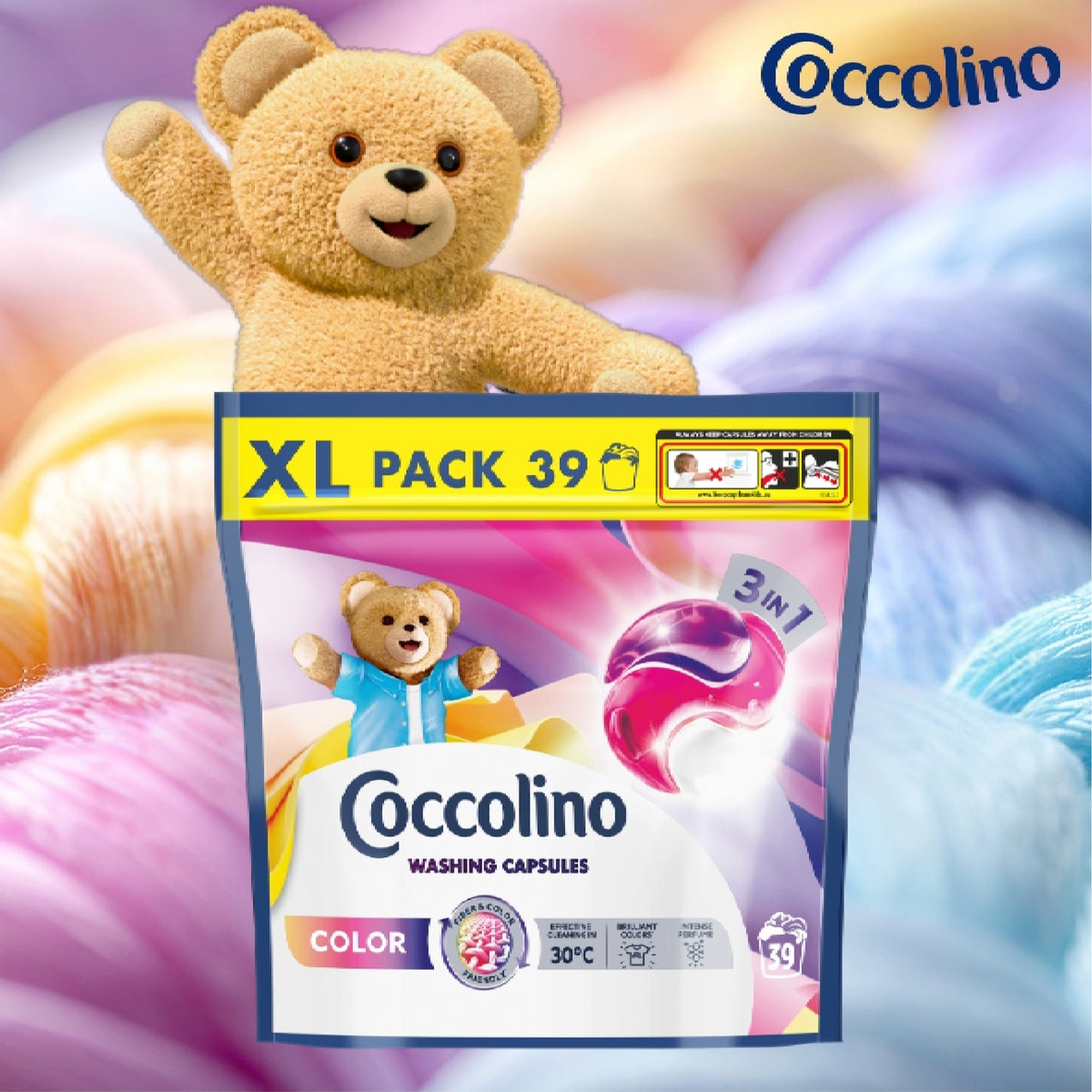 COCCOLINO COLOR 3IN1 COLOR WASHING CAPSULES 39 WASHES Packaging status original