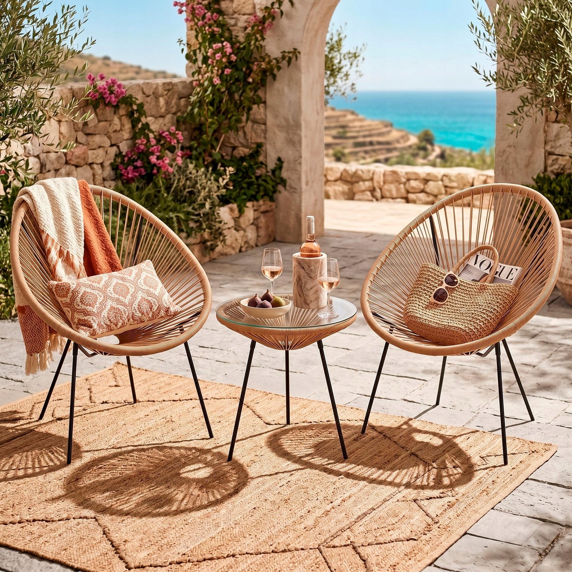 COFFEE SET GARDEN FURNITURE ACAPULCO TABLE +2 CHAIRS BALCONY TERRACE BEIGE Packaging status original