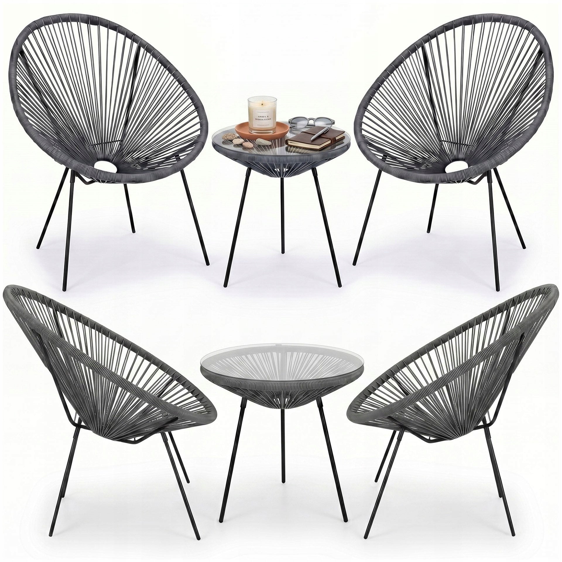 COFFEE SET GARDEN FURNITURE ACAPULCO TABLE + 2 CHAIRS BALCONY TERRACE GREY Color gray