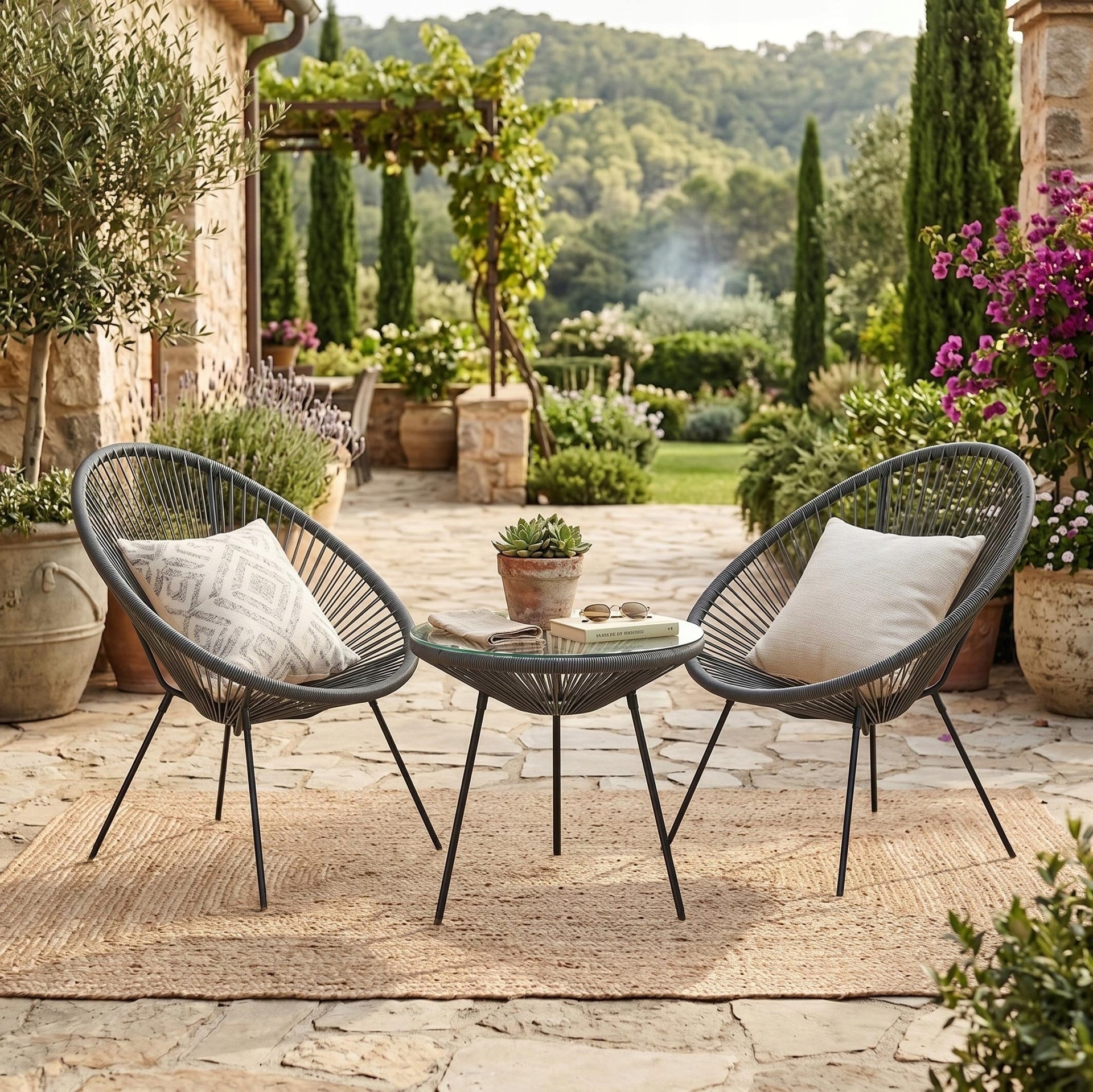 COFFEE SET GARDEN FURNITURE ACAPULCO TABLE + 2 CHAIRS BALCONY TERRACE GREY Line GF0091+2xGF0086 STOLIK+KRZESŁO OGRODOWE