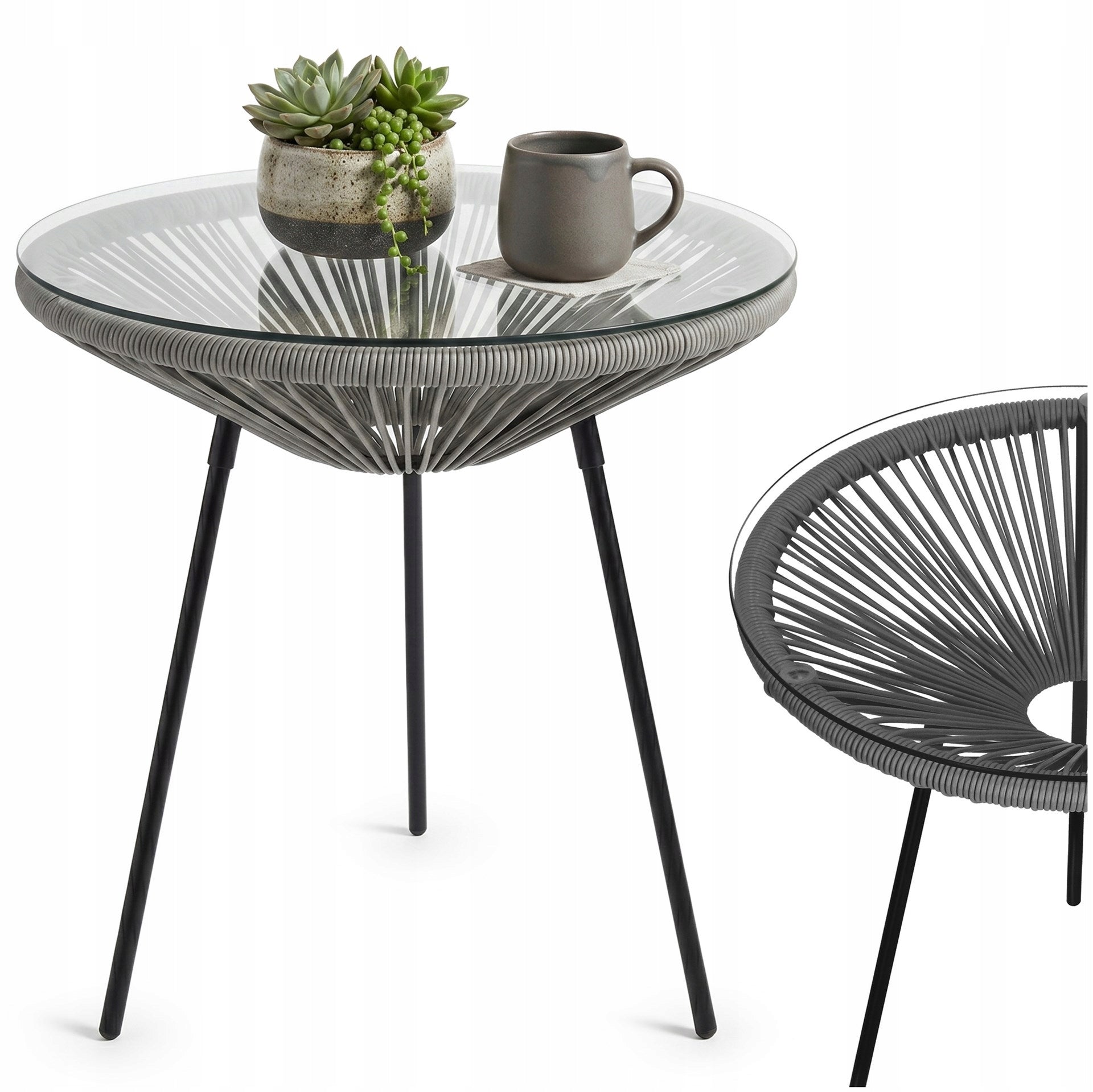 COFFEE SET GARDEN FURNITURE ACAPULCO TABLE + 2 CHAIRS BALCONY TERRACE GREY Number of people 2