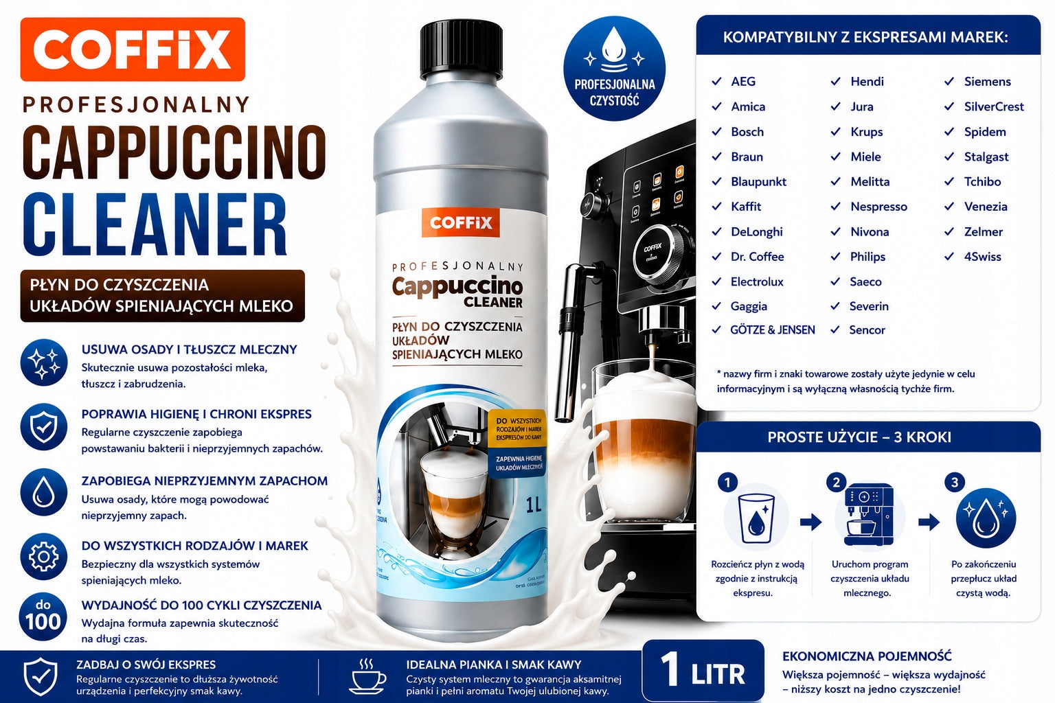 COFFIX Cappuccino Cleaner 1L For Milk Foaming System Packaging status original