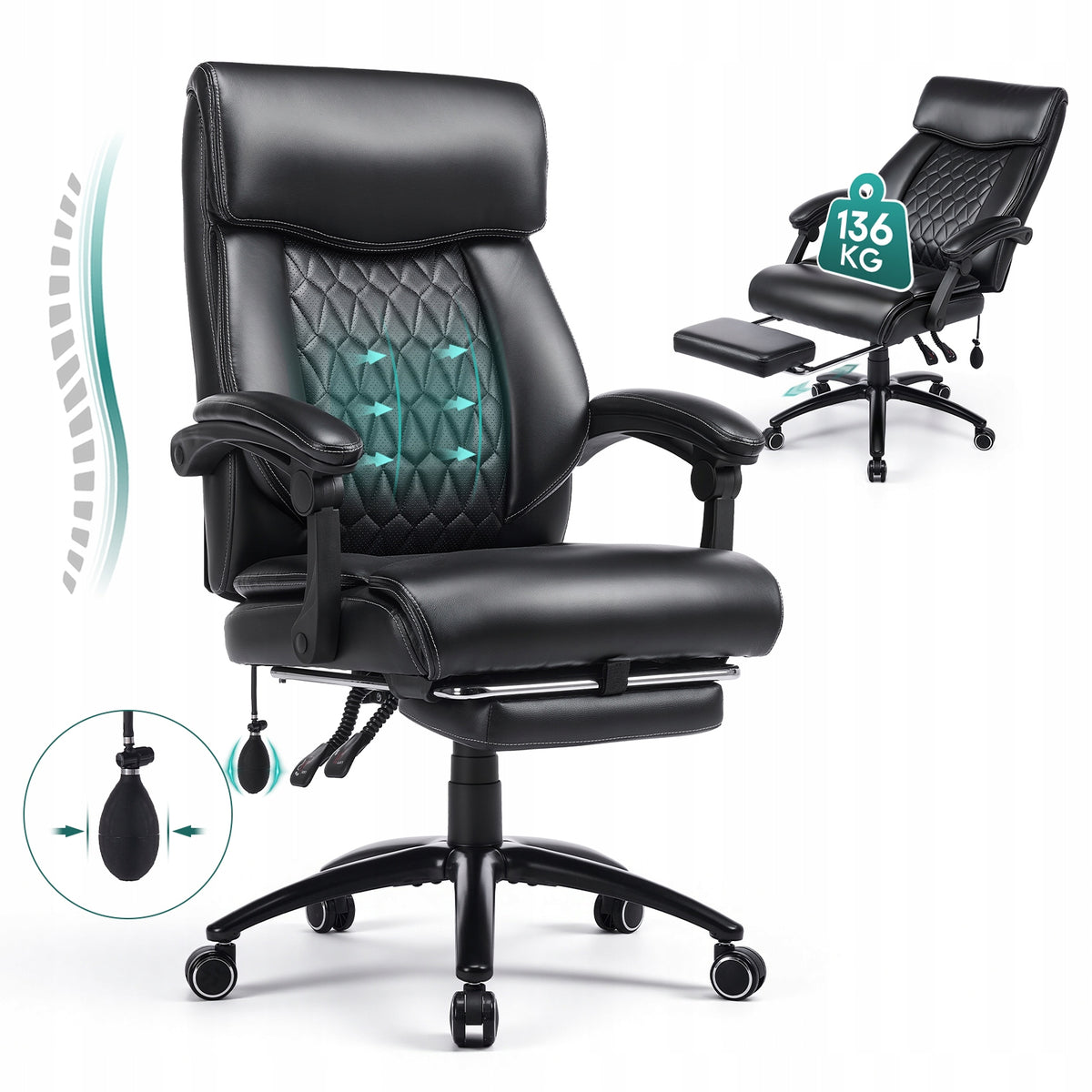 COLAMY Executive Office Chair Leather 90°-130° Reclining Foot Rest
