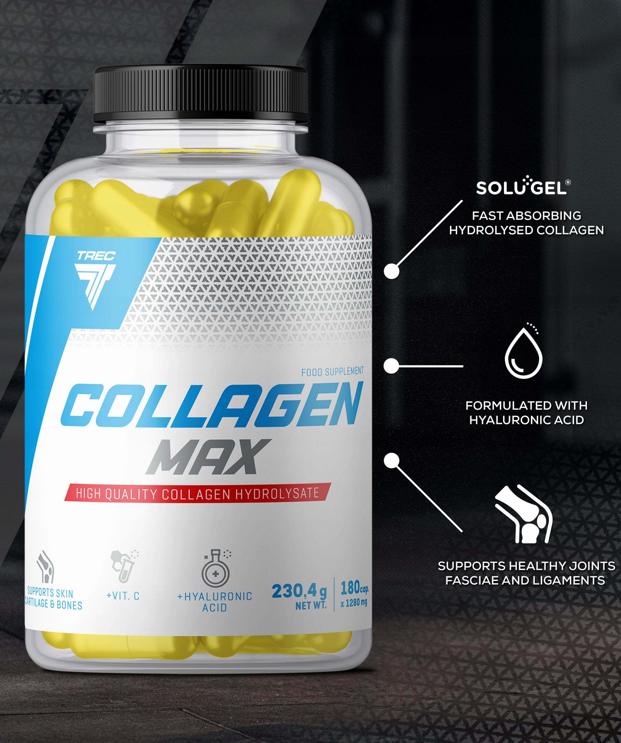 COLLAGEN IN CAPSULES Trec Collagen Max 180 kaps HYALURONIC ACID VITAMIN C Manufacturer code collagen max na stawy kości witamina C