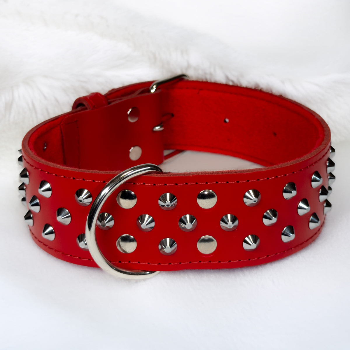 COLLAR FOR LARGE DOG LEATHER THICK STUDDED RED 50mm/50cm