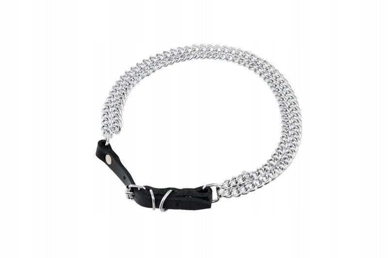 COLLAR Leather Semi-Clamp Chain Double For Dog Silver 50-56cm