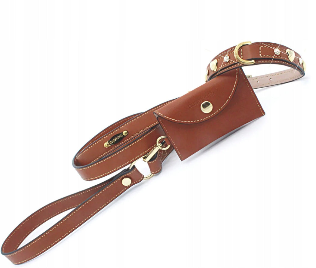 COLLAR WITH STUDS LEASH BAG SET PREMIUM LEATHER ROZ.S (22-27)