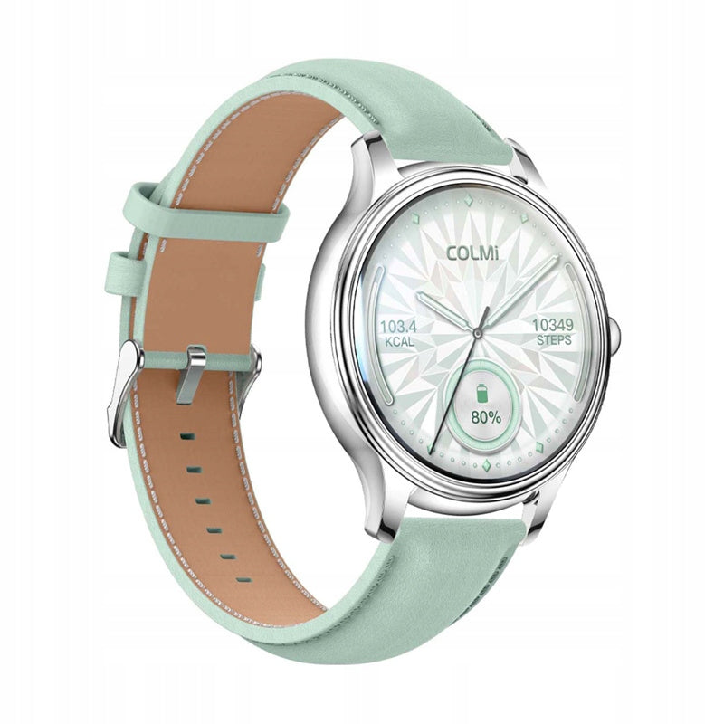 COLMI L28 Smartwatch Watch Silver-Green + Green Leather Strap
