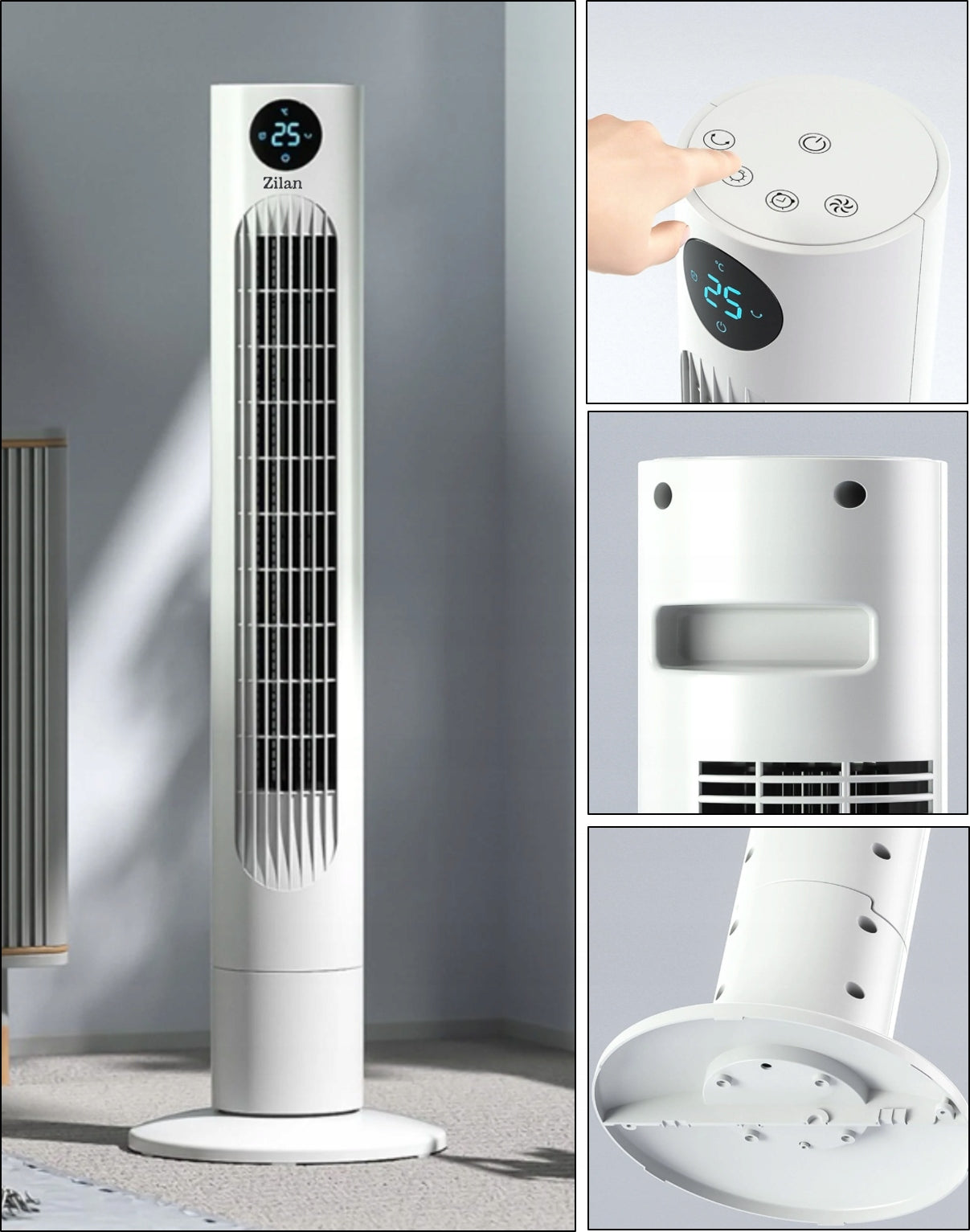 COLUMN FAN XL 60W WHITE SILENT LED PANEL REMOTE CONTROL OSCILLATION THERMOMETER Model ZILAN TOWER FAN