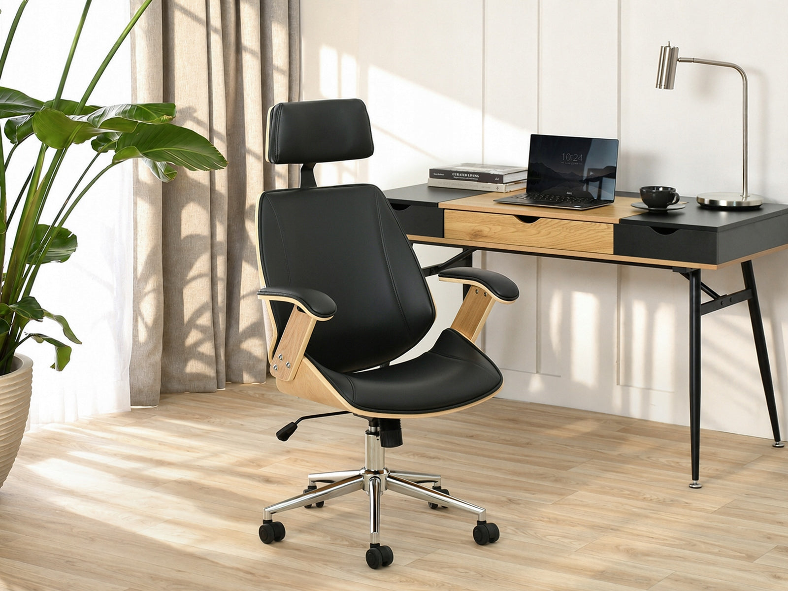 COMFORTABLE ARMCHAIR WITH HIGH BACKREST MADE OF BENT WOOD FRANK OAK BLACK FAUX LEATHER Brand Mebel-Partner