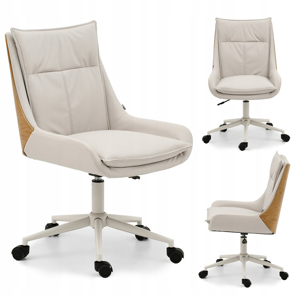 COMFORTABLE OFFICE CHAIR WITH OAK WOOD BACKREST AND GRAY LEON UPHOLSTERY