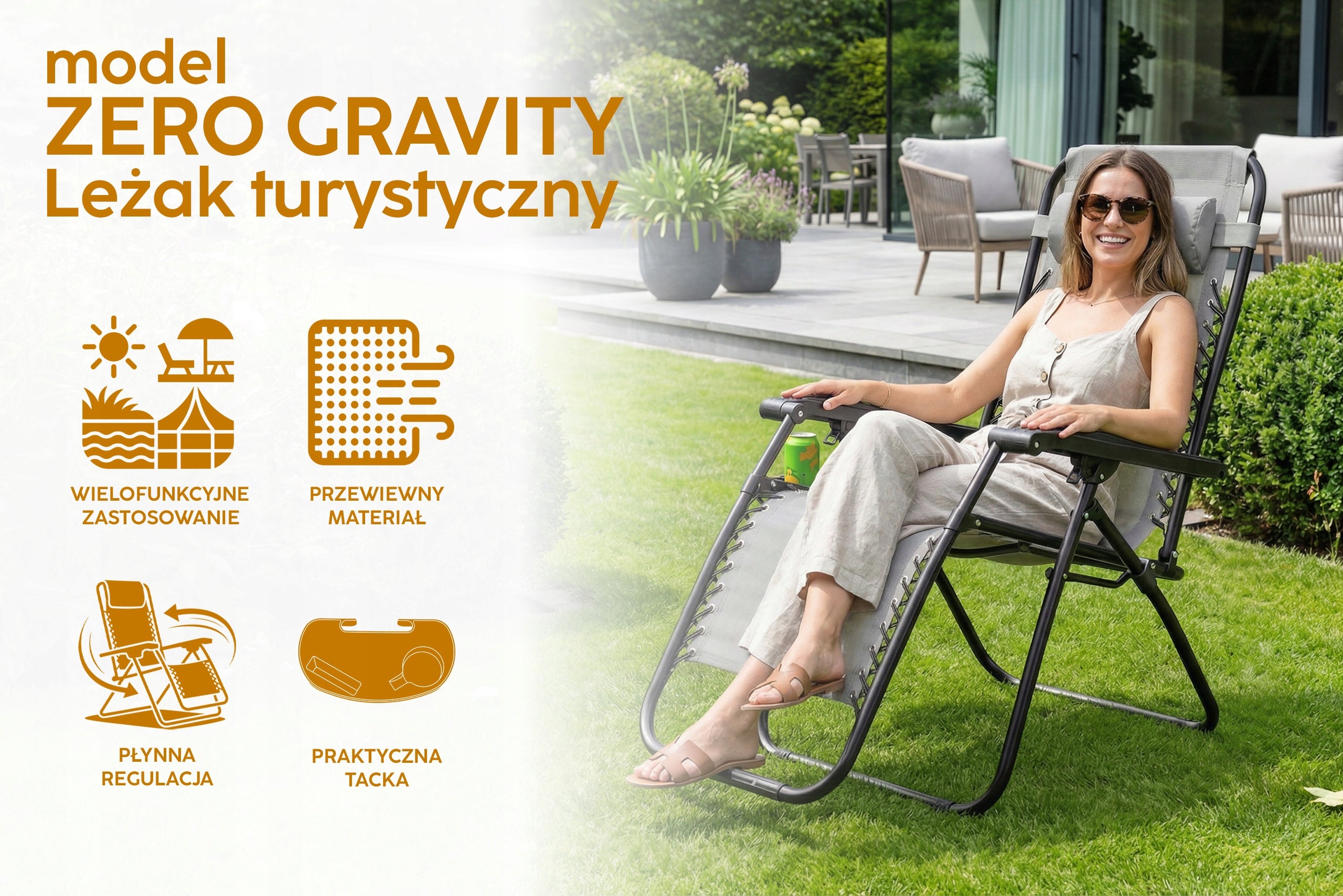 COMFORTABLE SUN LOUNGER WITH BEACH FOOTREST AUTOMATIC ZERO GRAVITY SHELF Length (longer side) 70 cm