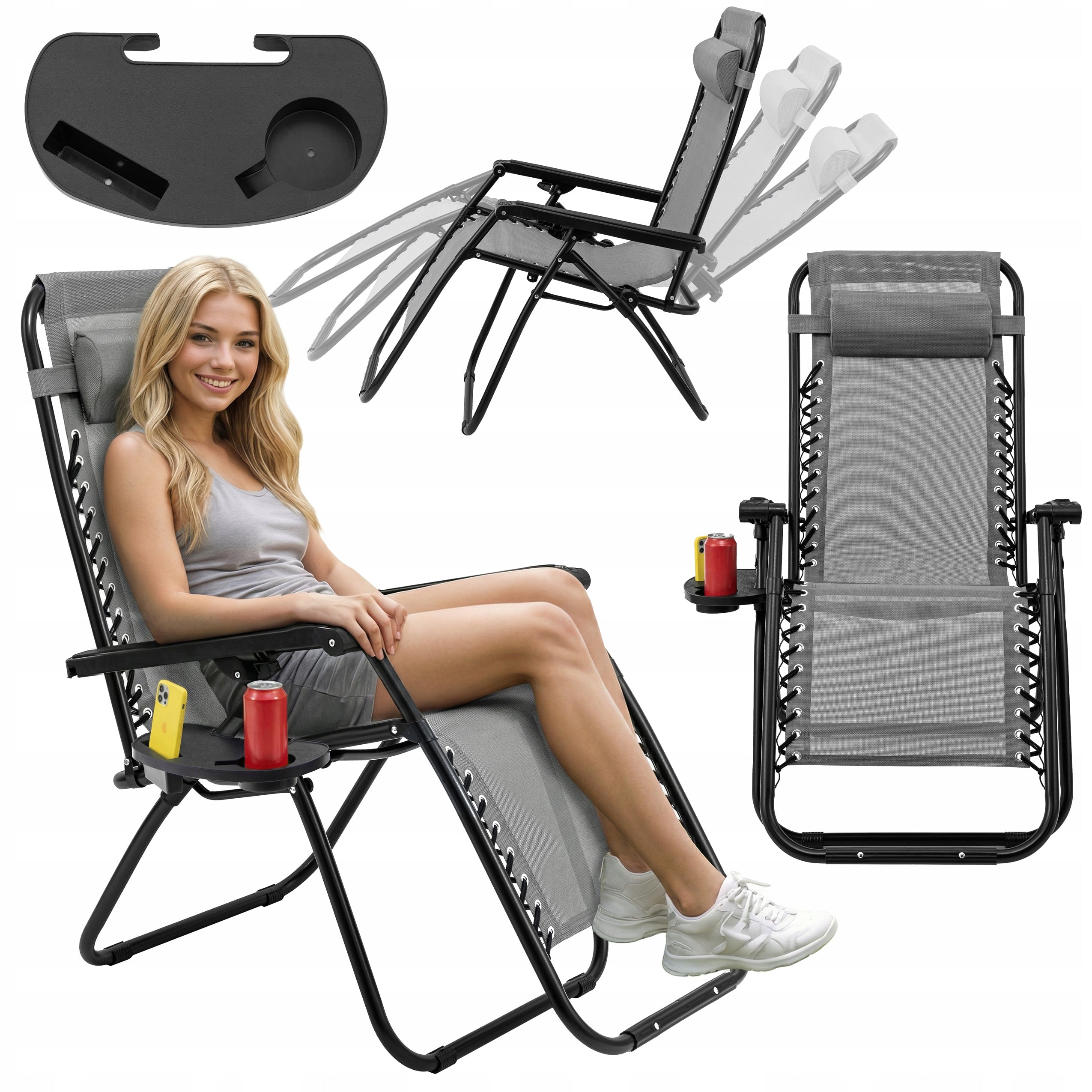 COMFORTABLE SUN LOUNGER WITH BEACH FOOTREST AUTOMATIC ZERO GRAVITY SHELF