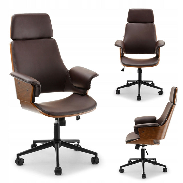 COMFORTABLE WORK DESK CHAIR CLEMENS WOOD WALNUT BROWN FAUX LEATHER