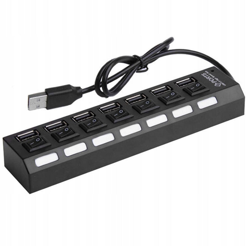 COMPACT BLACK USB HUB WITH 7 PORTS AND POWER CONTROL