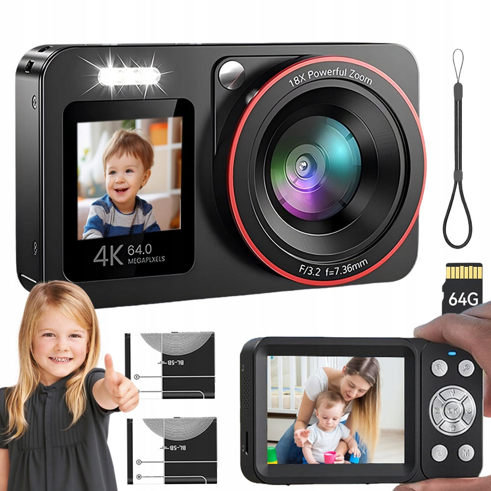 COMPACT DIGITAL CAMERA 4K 64MP 18X 64GB SD 2 BATTERIES 1200MAH 2,8" BLACK