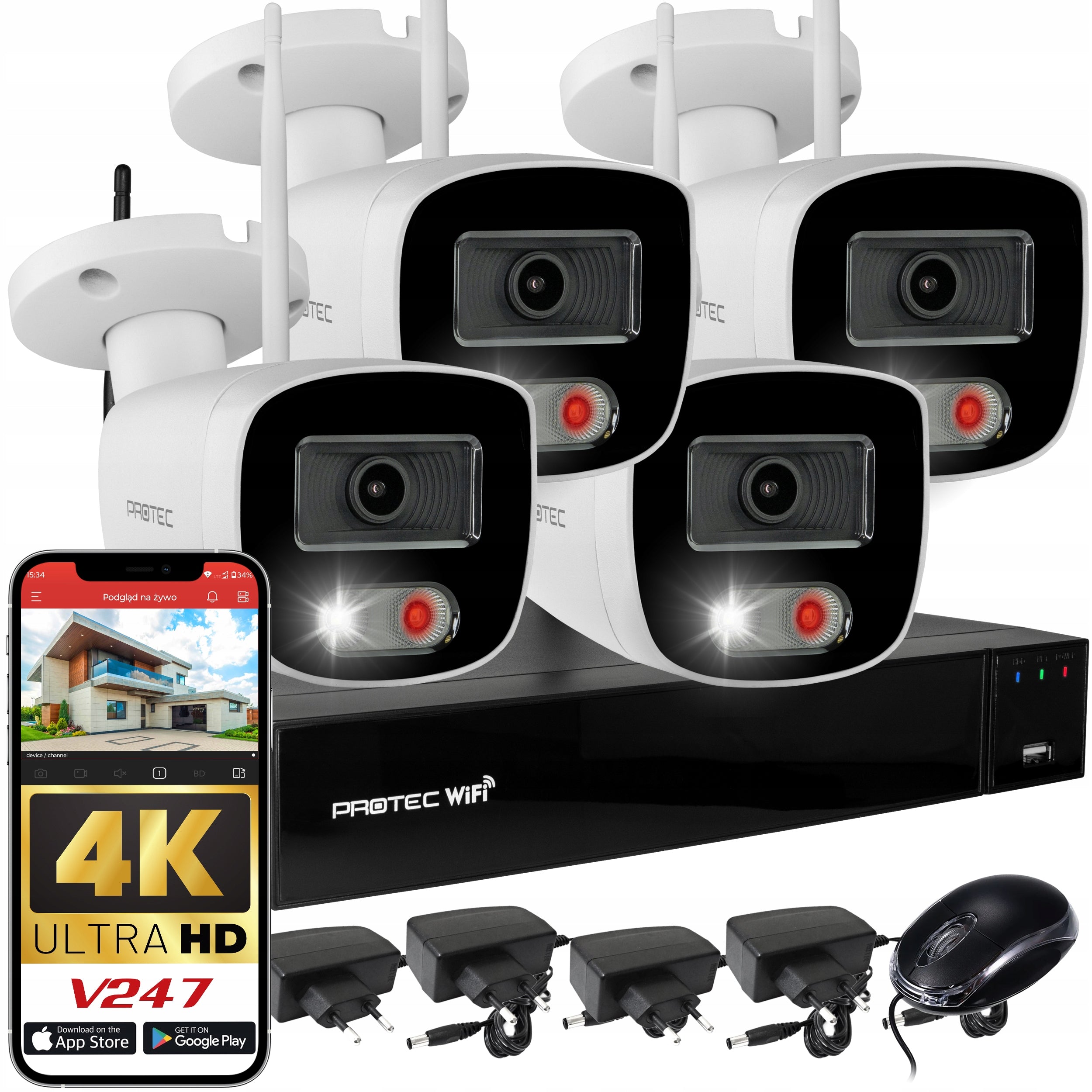 COMPLETE MONITORING 4 CAMERAS 8Mpx 4K WiFi light white IR audio