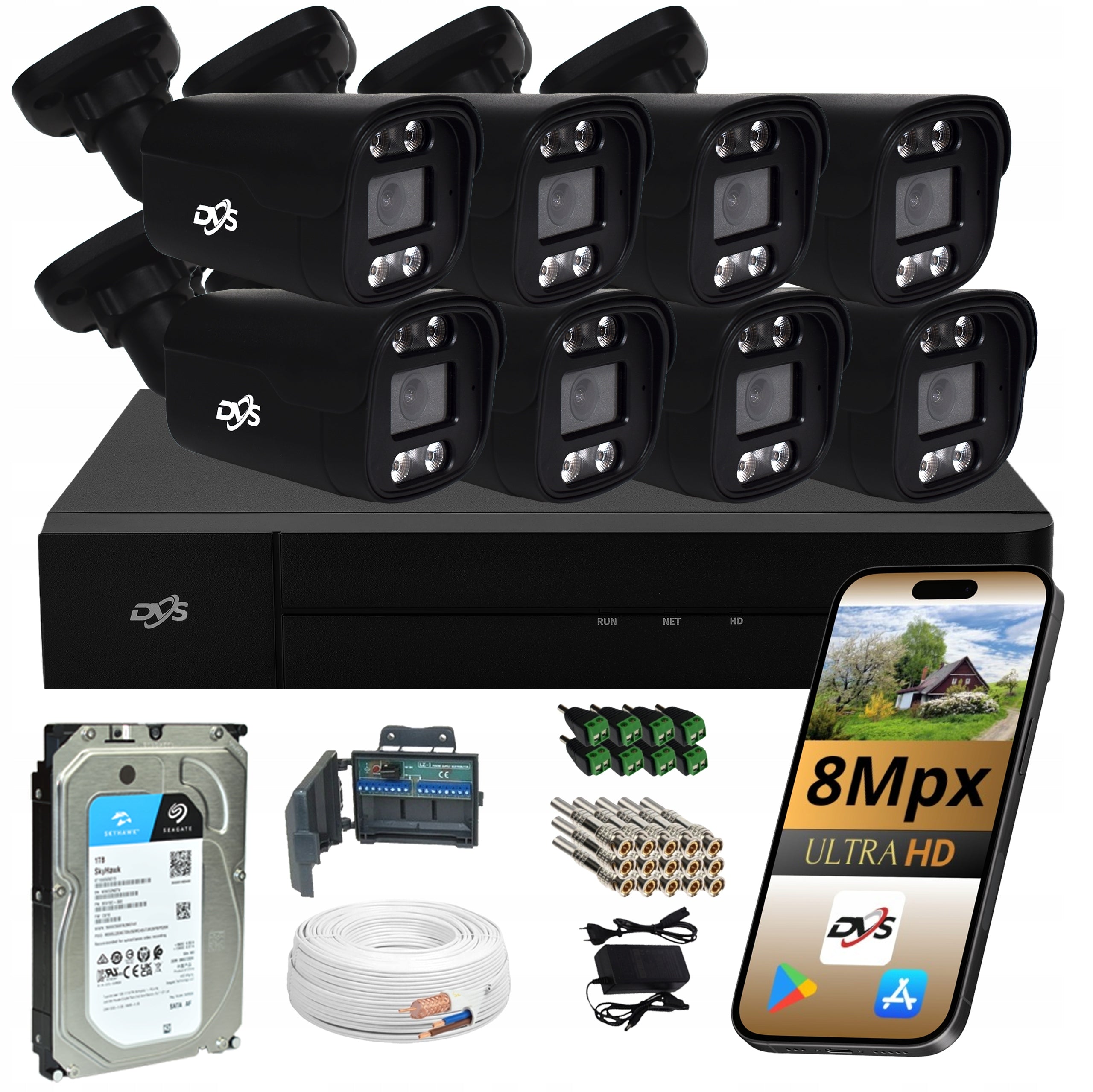 COMPLETE SURVEILLANCE KIT 8 CAMERAS 8MPX 4K BLACK IR LED LIGHTING