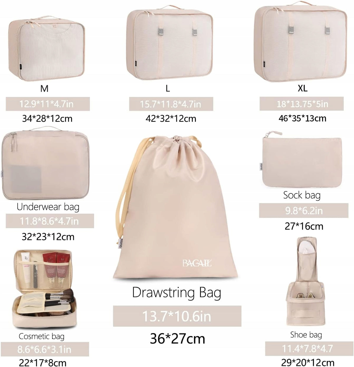 COMPRESSION BAG 8x LUGGAGE PACKING SUITCASE ORGANIZER FOR TRAVEL SET Color brown