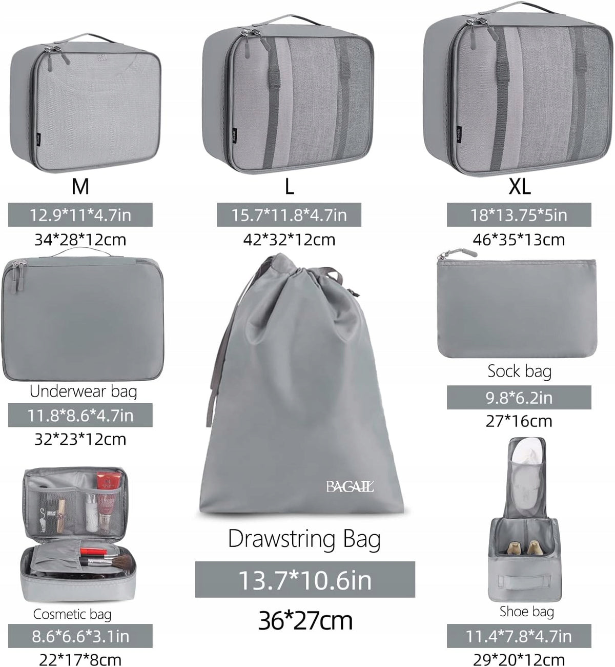 COMPRESSION BAG 8x LUGGAGE PACKING SUITCASE ORGANIZER FOR TRAVEL SET Color gray