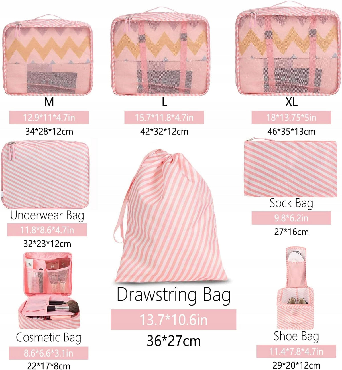COMPRESSION BAG 8x LUGGAGE PACKING SUITCASE ORGANIZER FOR TRAVEL SET Color pink