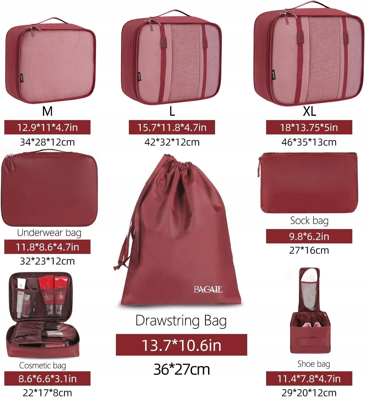 COMPRESSION BAG 8x LUGGAGE PACKING SUITCASE ORGANIZER FOR TRAVEL SET Color red