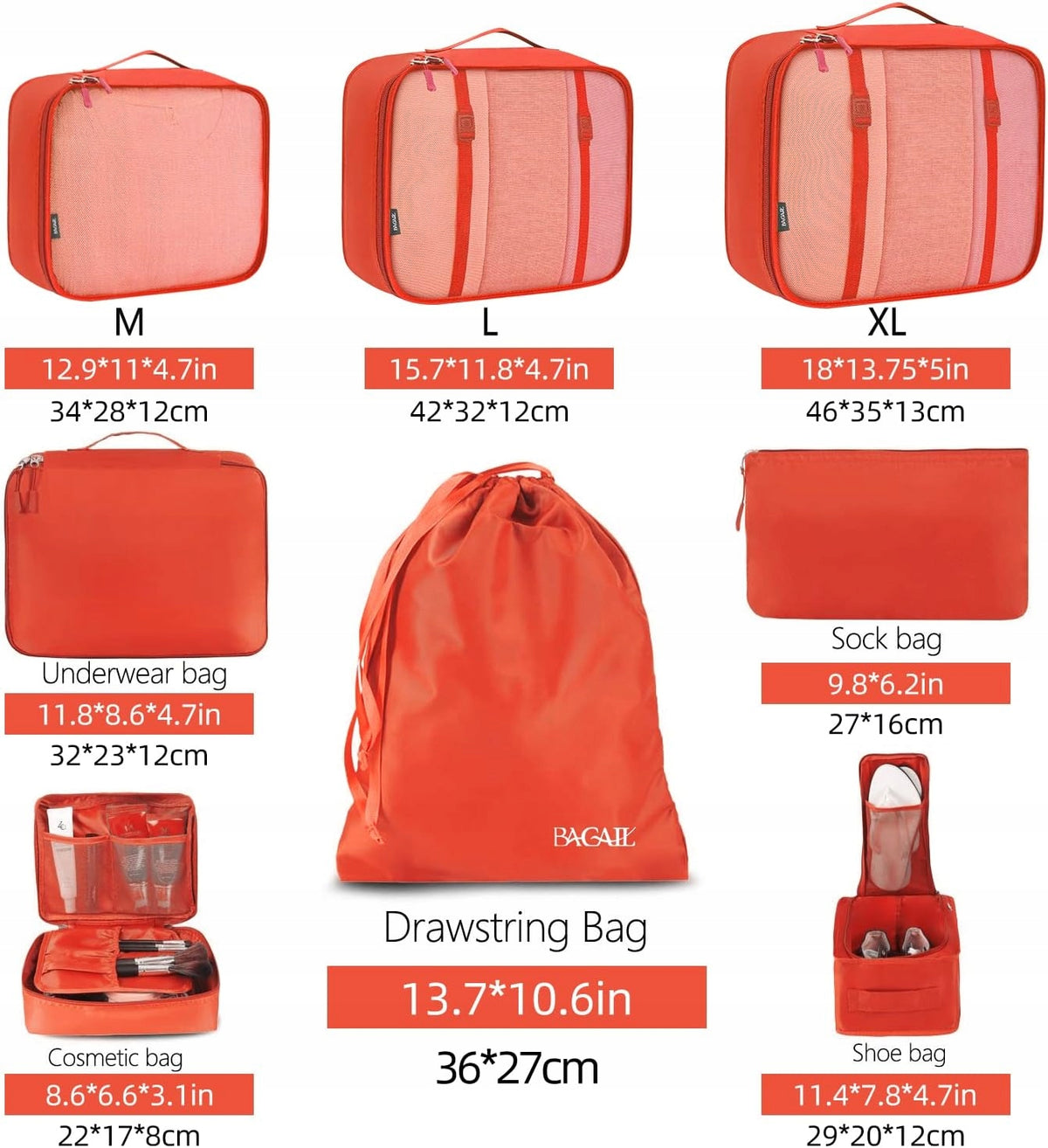 COMPRESSION BAG 8x LUGGAGE PACKING SUITCASE ORGANIZER FOR TRAVEL SET Color red