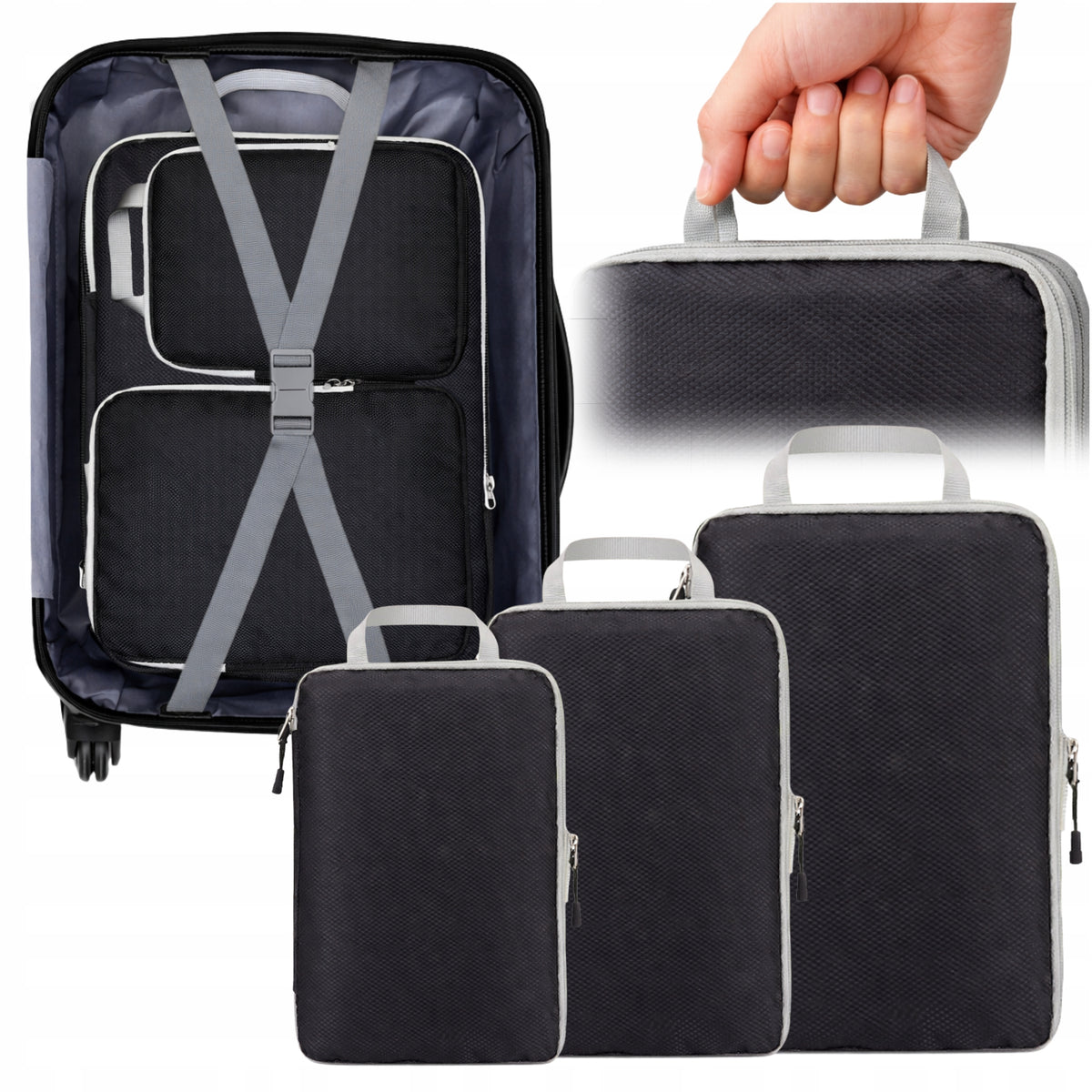 COMPRESSION ORGANIZER FOR TRAVEL SUITCASE FOR CLOTHES BAGS 3PCS BLACK