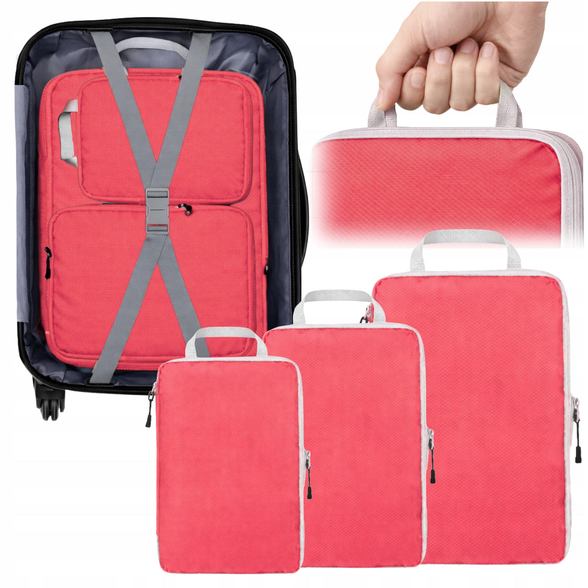 COMPRESSION ORGANIZER FOR TRAVEL SUITCASE FOR CLOTHES BAGS 3PCS RED