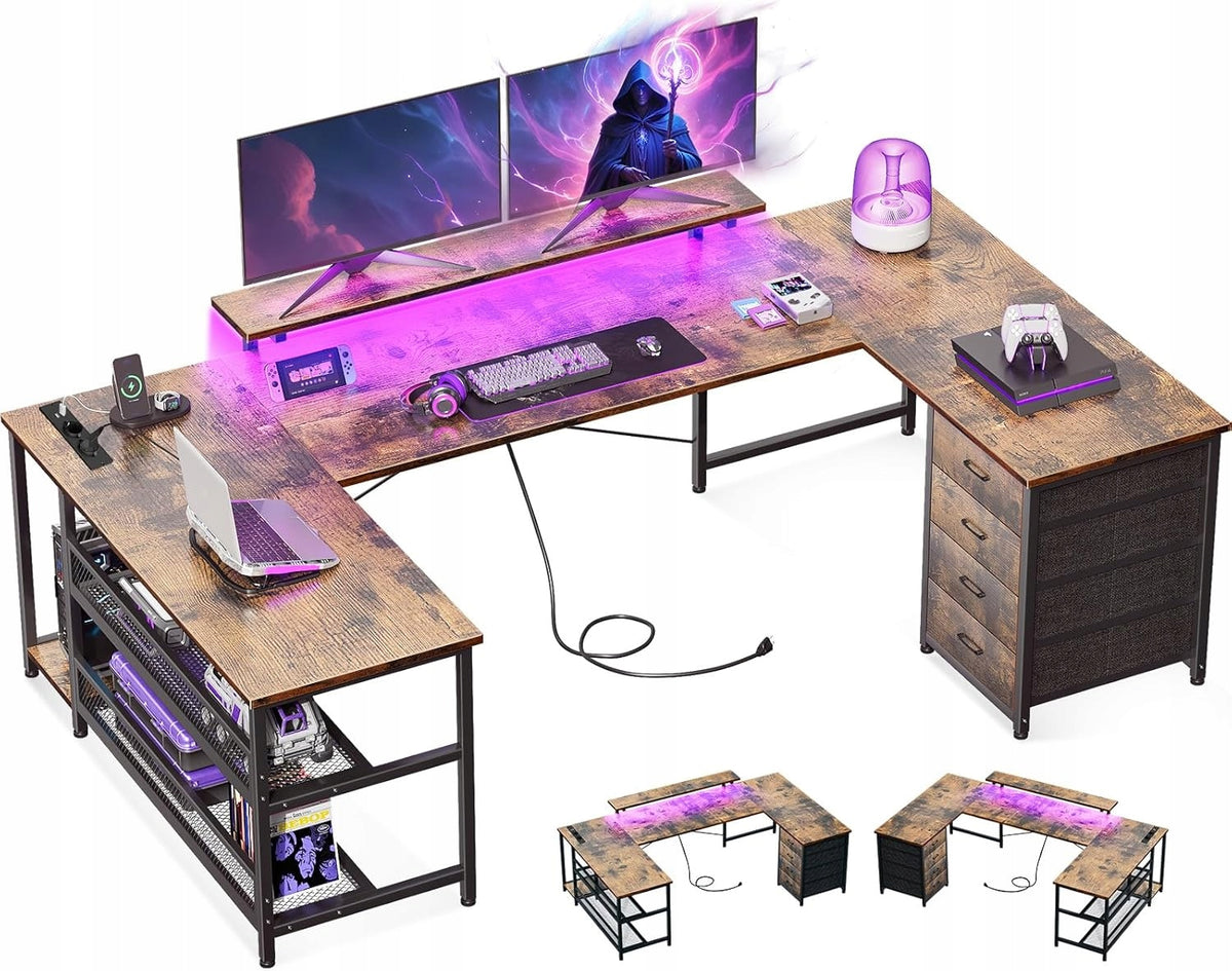 COMPUTER DESK WITH BUILT-IN BACKLIT SOCKETS WITH SHELF DRAWERS