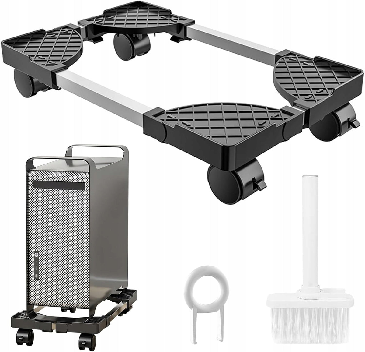 COMPUTER STAND TROLLEY ON WHEELS ADJUSTABLE LENGTH HANDLE PC + BRUSH