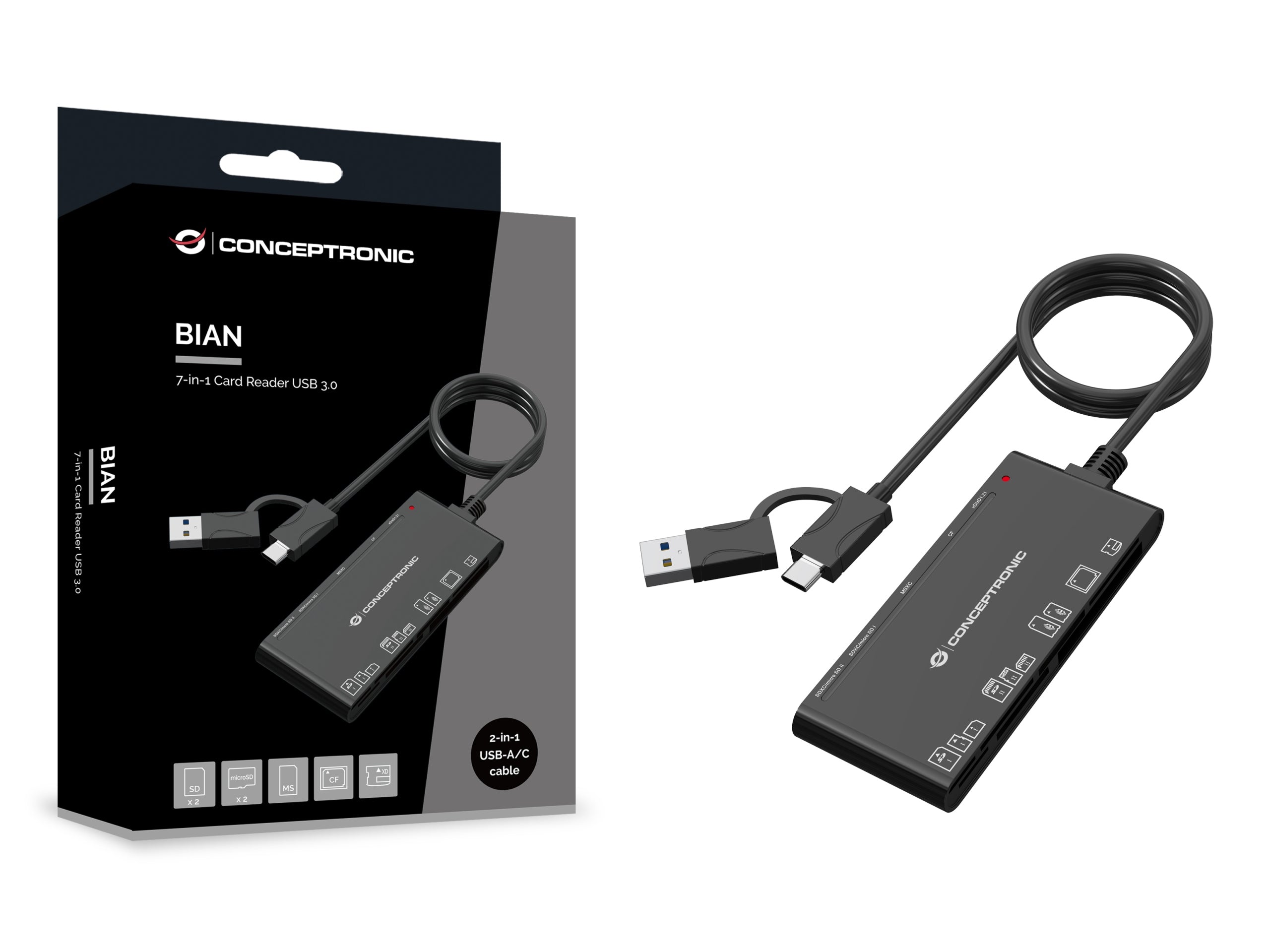 CONCEPTRONIC card reader USB-A/-C3.2->7-in-1 black Kind universal