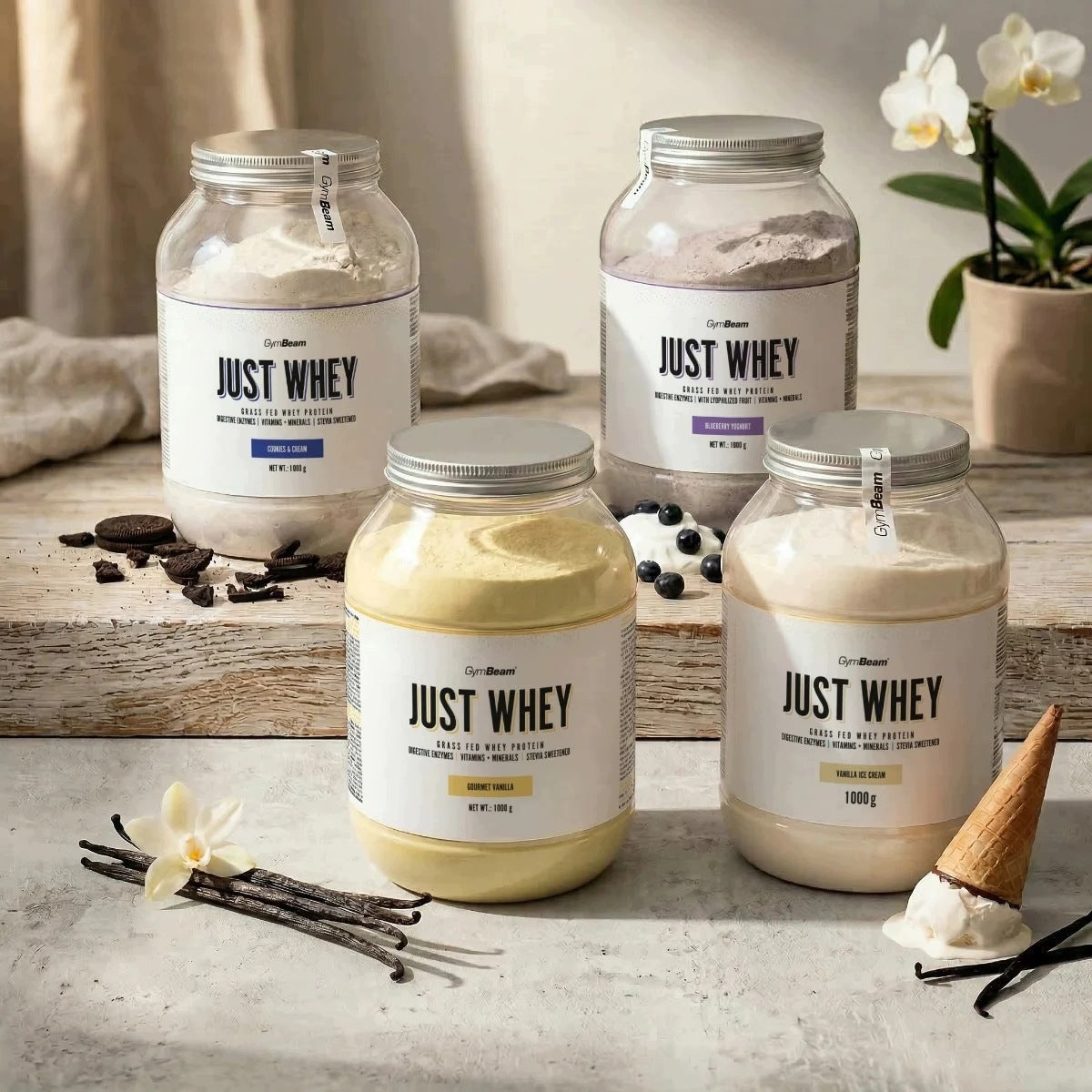 CONDITIONER WHEY PROTEIN JUST WHEY WPC WPI WPH GymBeam 1000g chocolate Packaging status original