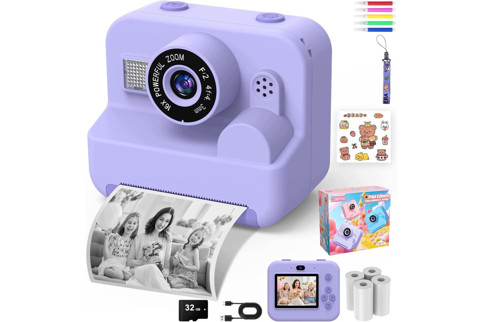 CONMRO instant camera for children 1080P with 32 GB card purple