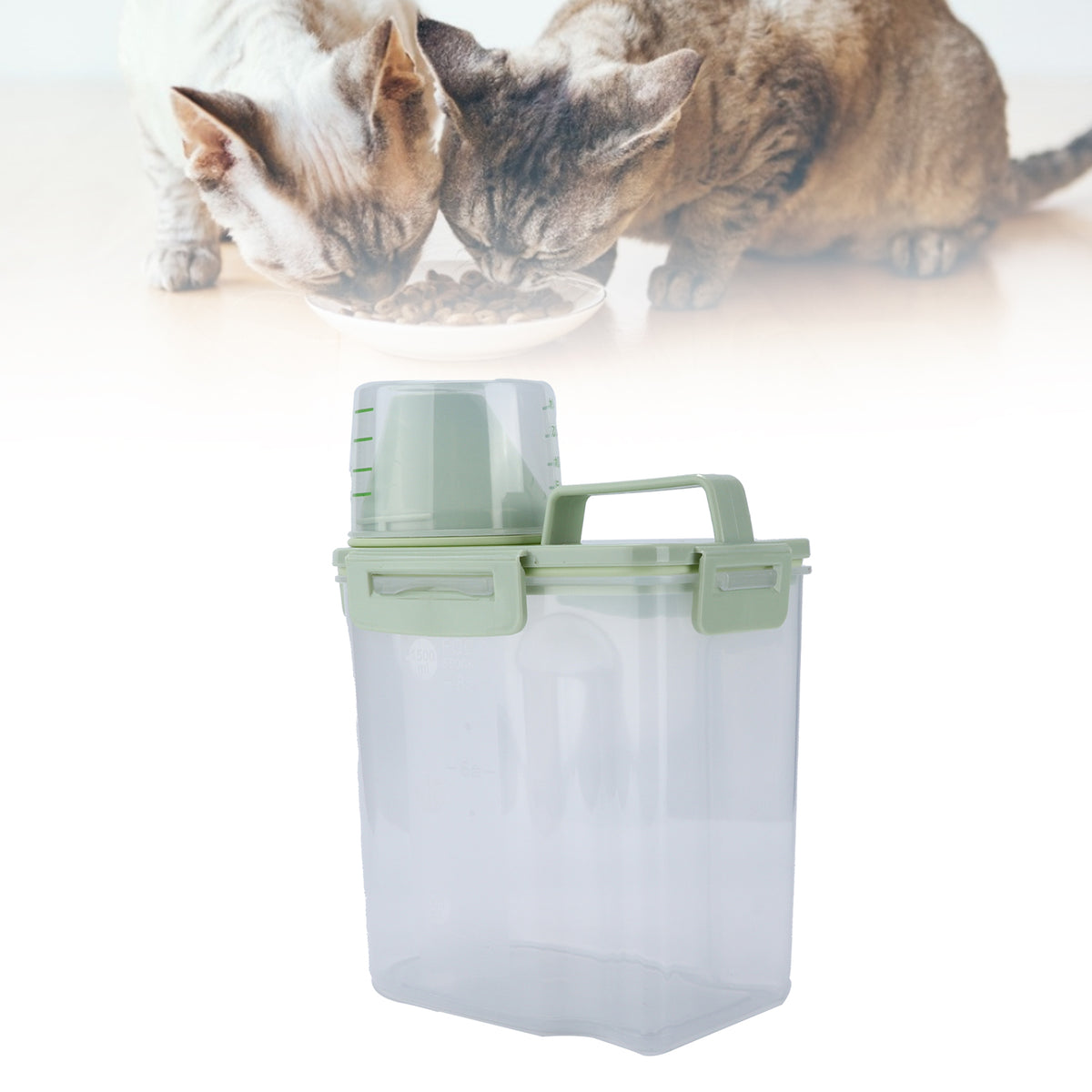 CONTAINER FOOD BOX WITH MEASURING CUP FOR CAT DOG