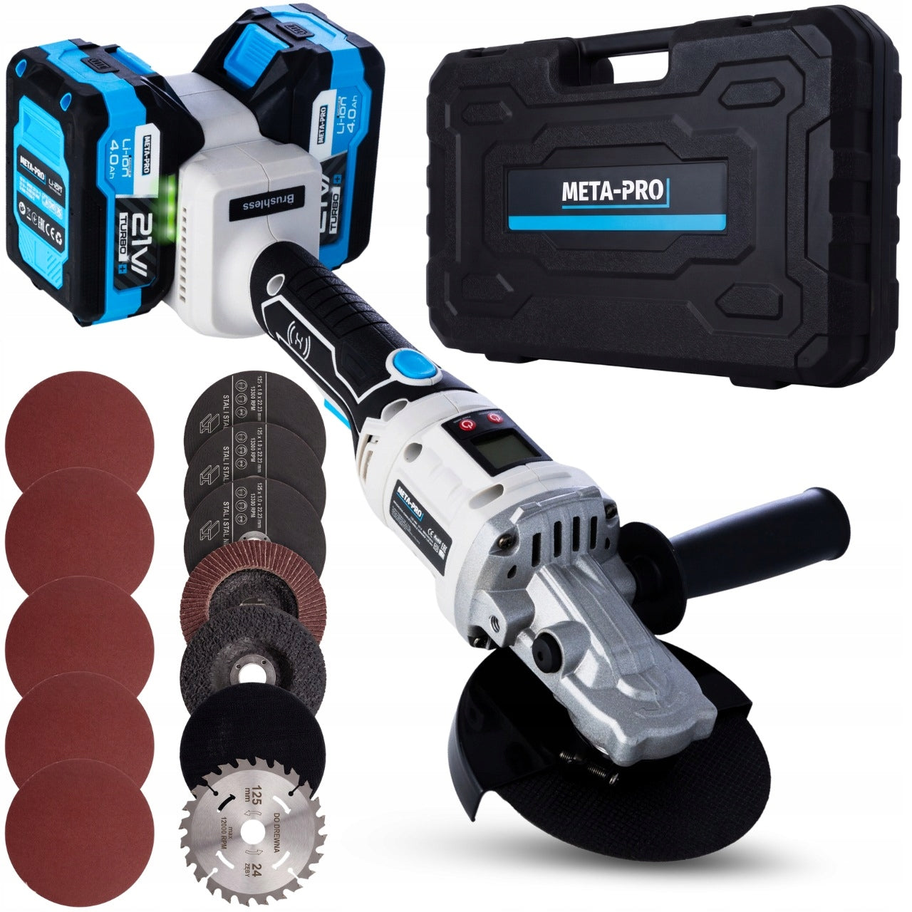 CORDLESS ANGLE GRINDER 42V 8Ah 360° + 10 DISCS META-PRO