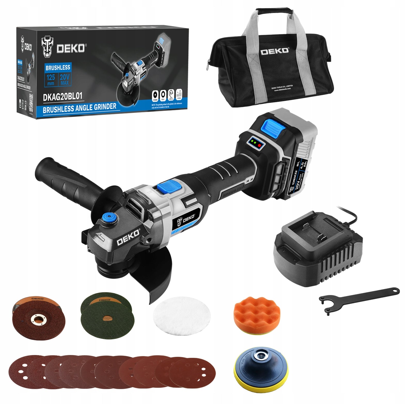 CORDLESS ANGLE GRINDER BRUSHLESS RUBBER CORD 4.0Ah DEKO Manufacturer code DKAG20BL01-S5