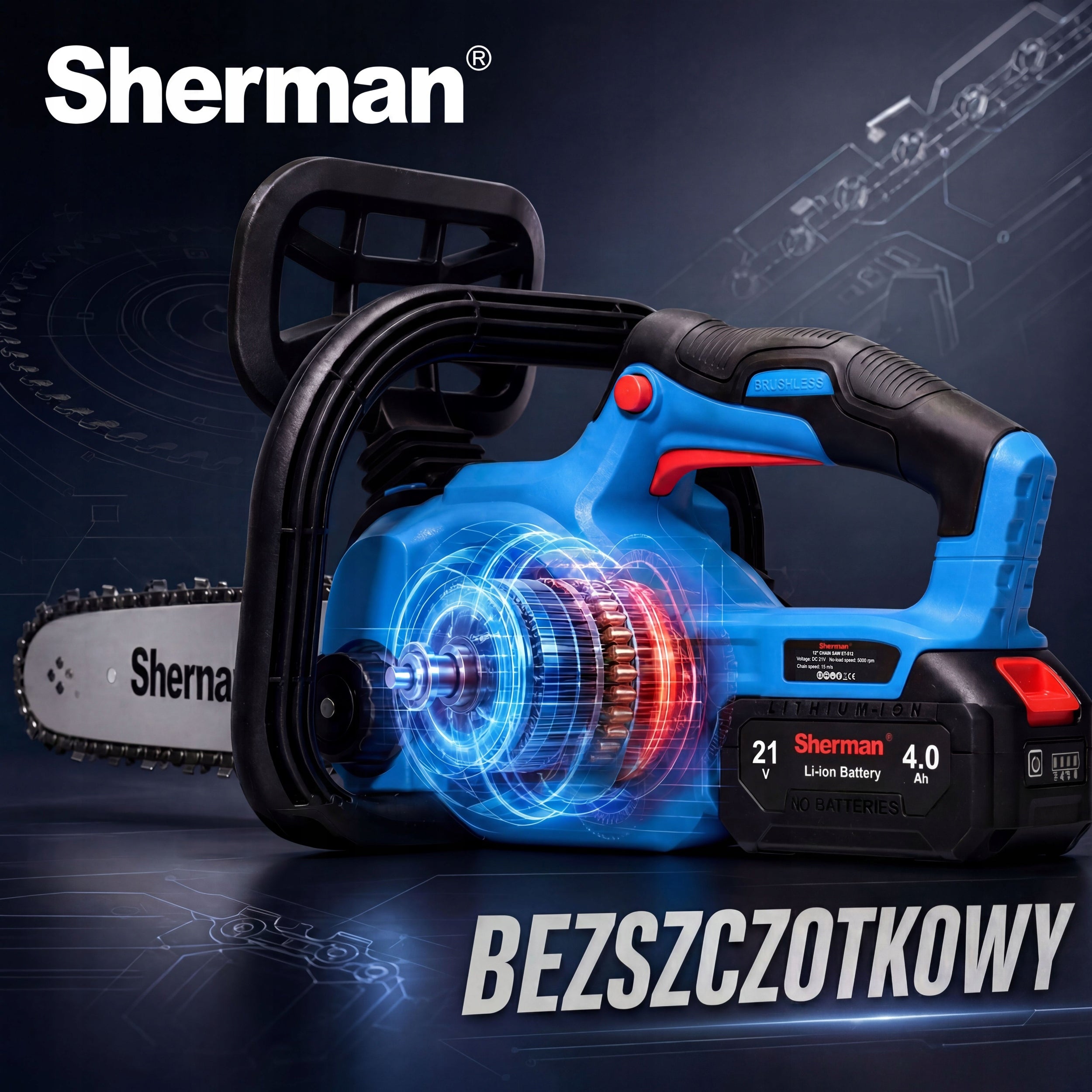 CORDLESS CHAINSAW 12" ET512 2x BATTERY 4.0Ah / 21V Sherman Power supply rechargeable battery