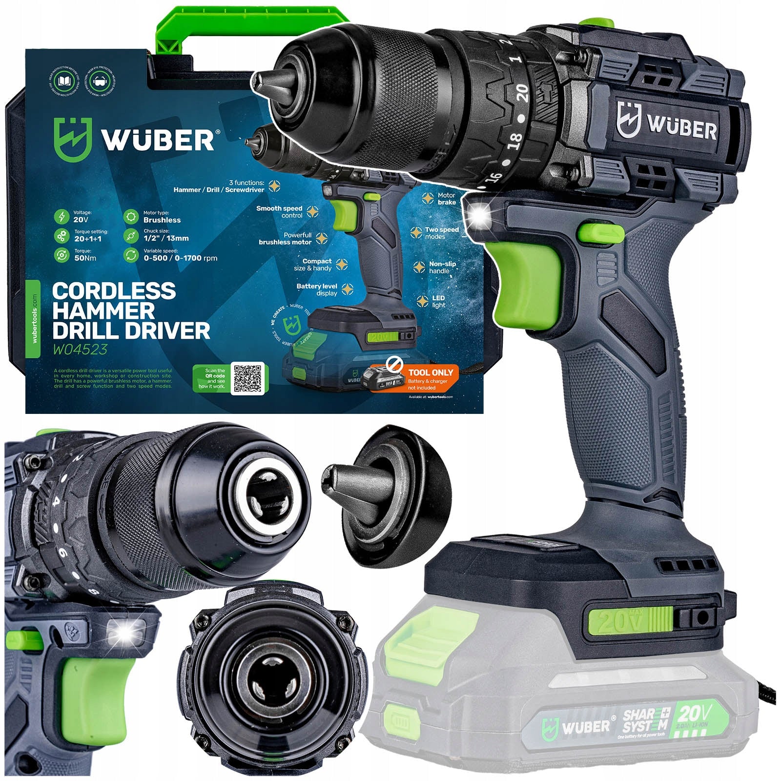 CORDLESS DRILL/DRIVER WITH IMPACT 20V BRUSHLESS 50Nm + SUITCASE