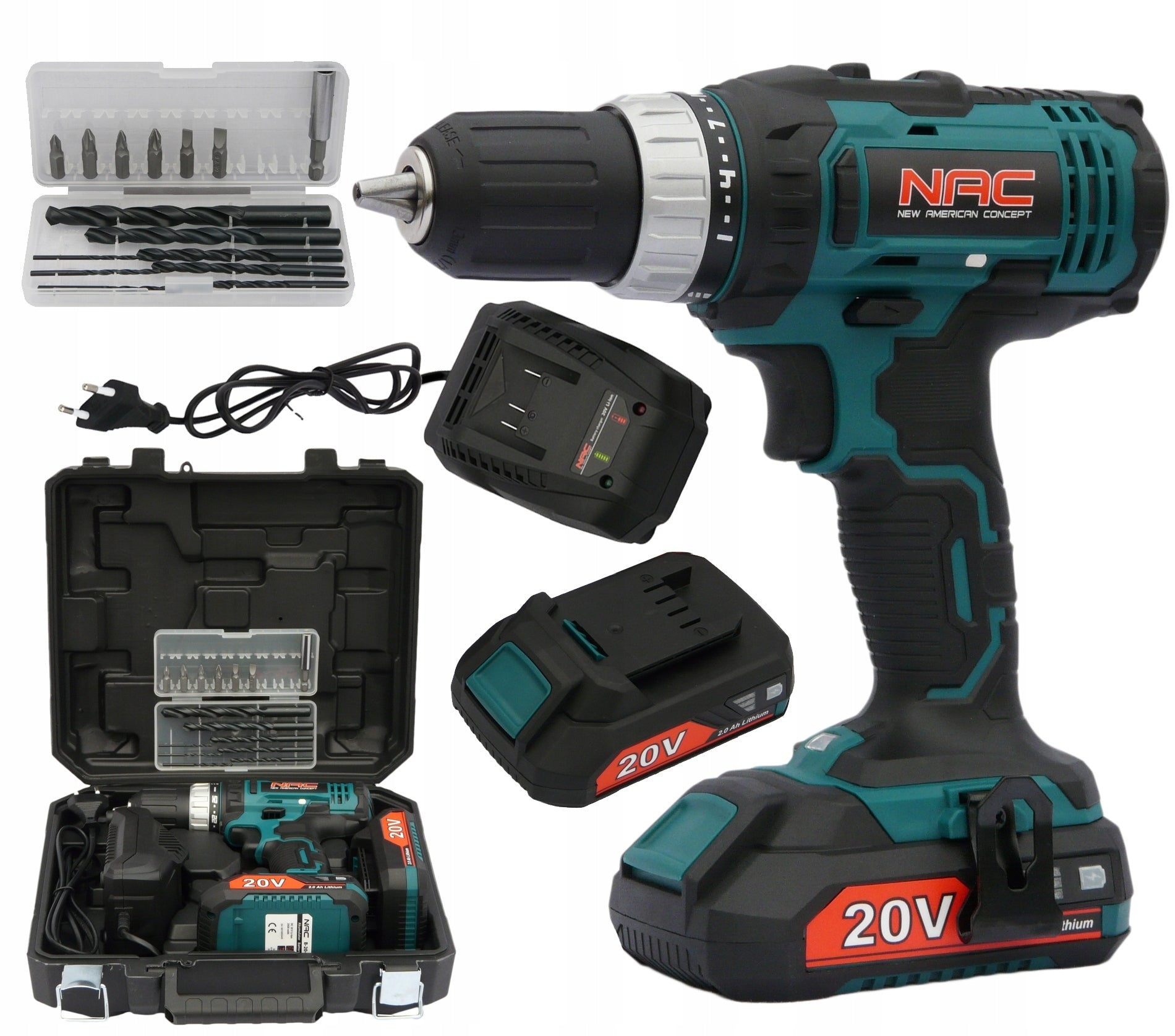 CORDLESS DRILL NAC 20 V 2 BATTERIES 2 GEARS + SUITCASE