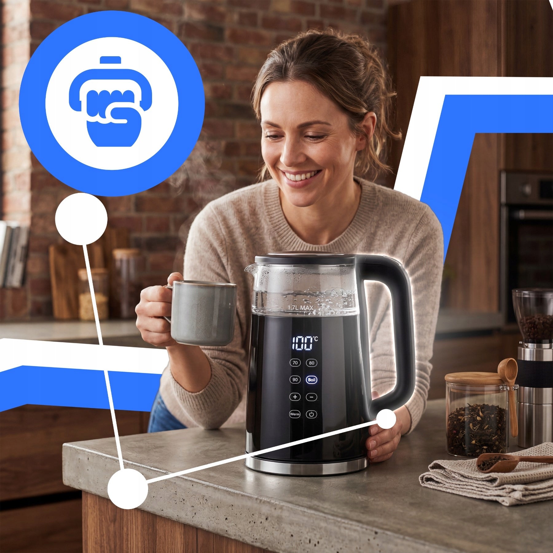 CORDLESS ELECTRIC KETTLE 1,7L 2200W GLASS TEMPERATURE CONTROL Capacity 1.7 l